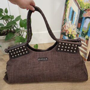 Matt & Nat Brown Canvas Shoulder Bag Studded Vegan Leather Large Tote